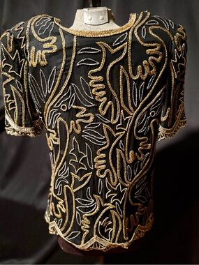 VTG Laurence Kazar Black Top with Gold & Silver Beadwork - Size M